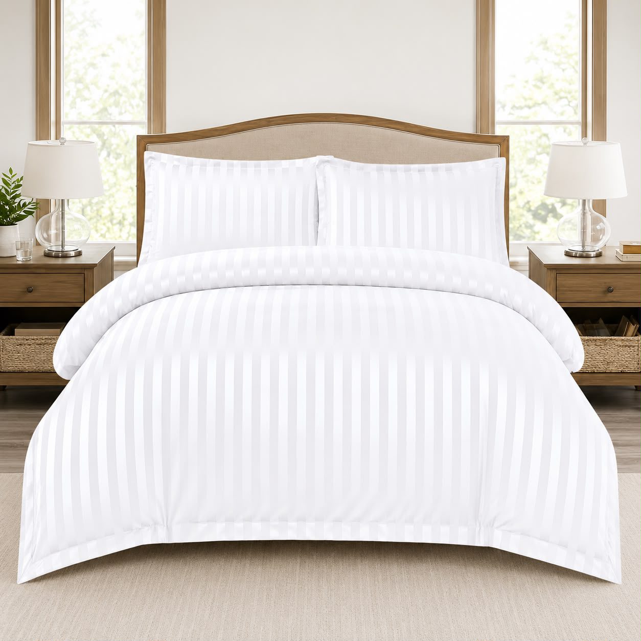 Lenjerie de pat bumbac Damasc Hotelier - cu elastic - 6 piese - Alb