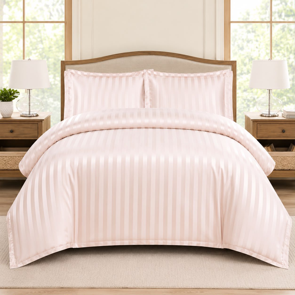Lenjerie de pat bumbac Damasc Hotelier - cu elastic - 6 piese - Roz pudra