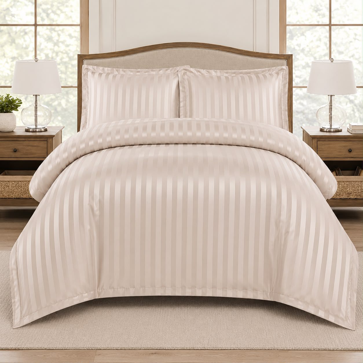 Lenjerie de pat bumbac Damasc Hotelier - cu elastic - 6 piese - Crem