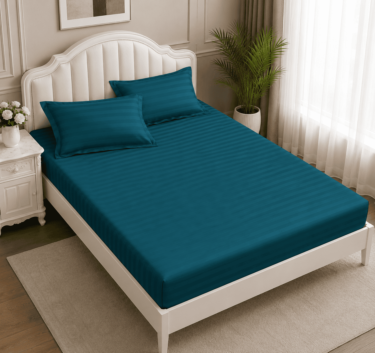 Lenjerie de pat bumbac Damasc Hotelier - cu elastic - 6 piese - Petrol