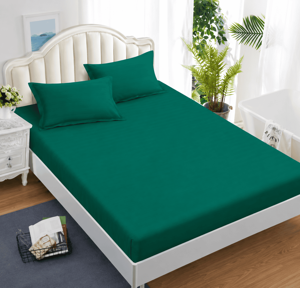 Lenjerie de pat bumbac Damasc Hotelier - cu elastic - 6 piese - Verde smarald