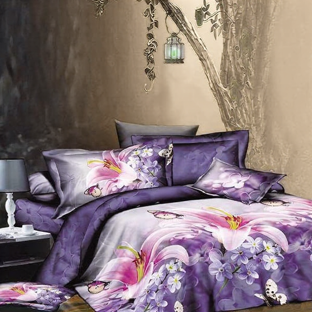 Lenjerie de pat bumbac satinat - gama 3D - 4 piese - Floral mov