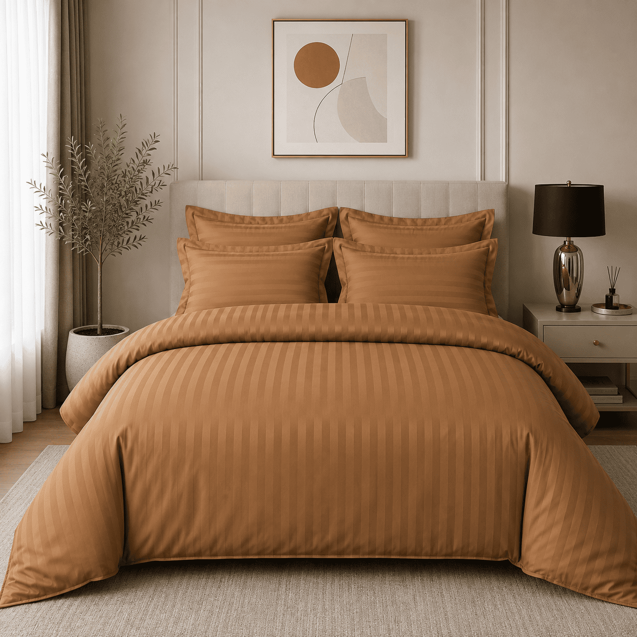 Lenjerie de pat bumbac Damasc Hotelier - cu elastic - 6 piese - Teracota