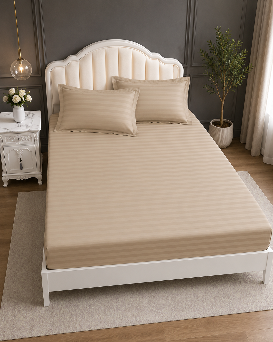 Lenjerie de pat bumbac Damasc Hotelier - cu elastic - 6 piese - Bej