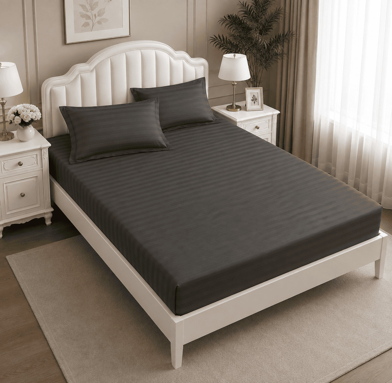Lenjerie de pat bumbac Damasc Hotelier - cu elastic - 6 piese - Antracit