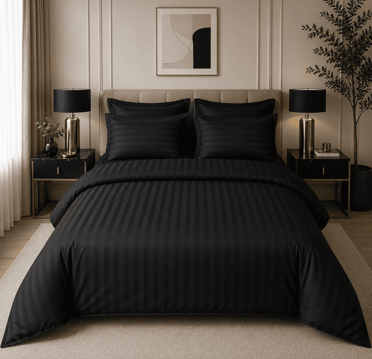Lenjerie de pat bumbac Damasc Hotelier - cu elastic - 6 piese - Negru