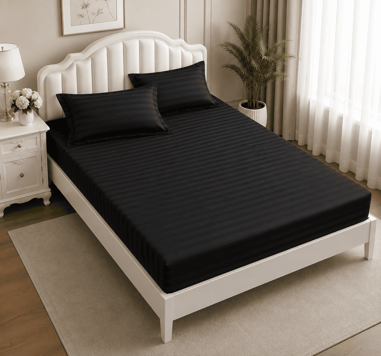 Lenjerie de pat bumbac Damasc Hotelier - cu elastic - 6 piese - Negru