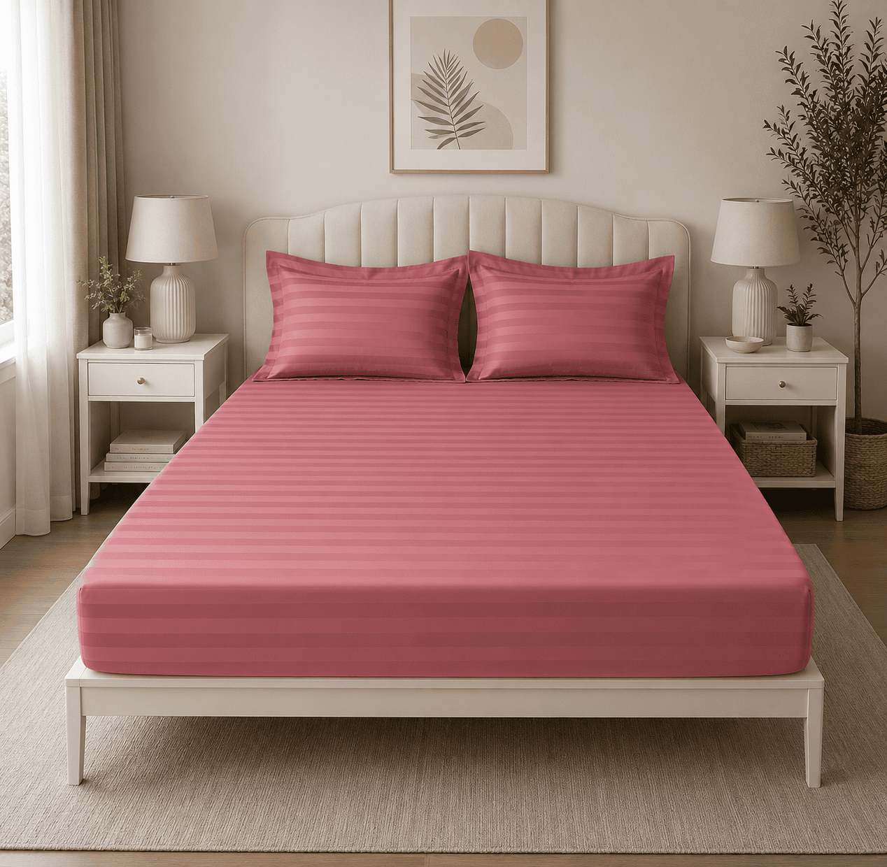 Lenjerie de pat bumbac Damasc Hotelier - cu elastic - 6 piese - Roz