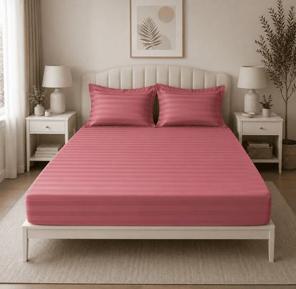 Lenjerie de pat bumbac Damasc Hotelier - cu elastic - 6 piese - Roz